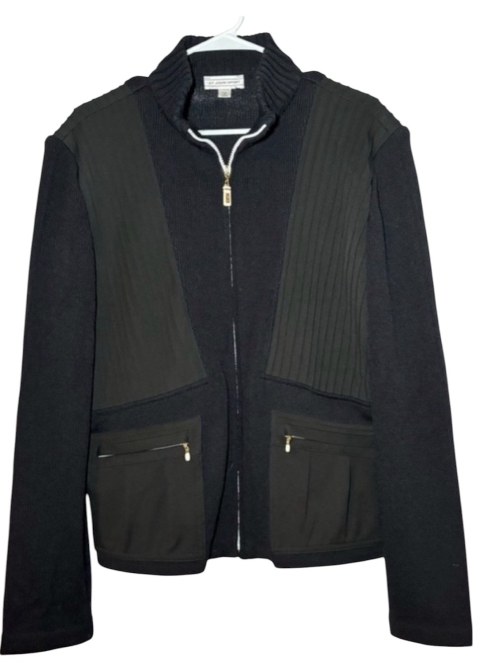EUC St John Sport Black Wool Viscose Jacket with White Zipper Accents -Sz L
